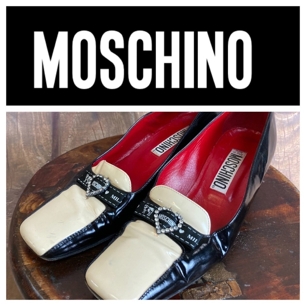 🐞Moschino Black and White Patent Leather Square Toe Pump Size 7 - Picture 1 of 11